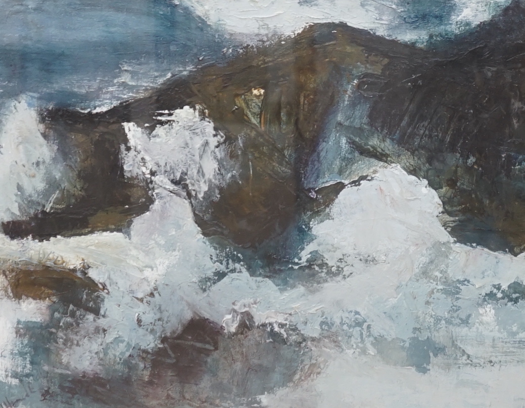Judy Hamilton (Irish, 20th. C) impasto oil on canvas, 'Sky meets mountain' signed, inscribed verso, 45 x 35cm